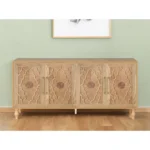 HMS 68 Natural Distressed Carved Geometric Sideboard with Four Doors