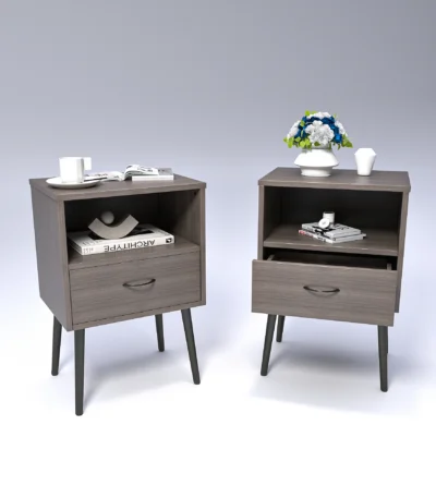 Modern grey nightstand with drawer and open shelf for bedroom or living room