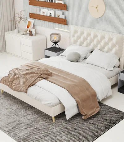 Goldoma Queen Size Upholstered Bed Frame with Storage – adjustable solid wood platform bed with fabric headboard