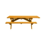 Goldoma natural solid wood outdoor picnic table with umbrella hole on a patio