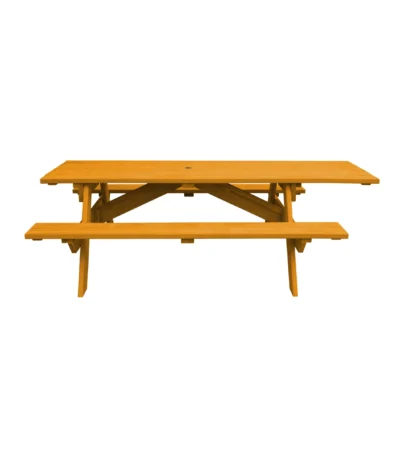 Goldoma natural solid wood outdoor picnic table with umbrella hole on a patio