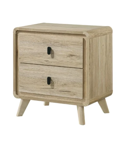Mid century wood nightstand with two drawers in natural beige finish