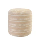 Goldoma 20 inch brown striped polyester pouf ottoman used as a footrest in a cozy living room setting