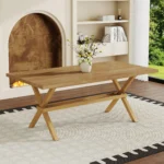 Modern square MDF wood dining table with X-shaped metal base in a dining room setting
