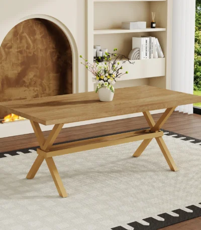 Modern square MDF wood dining table with X-shaped metal base in a dining room setting