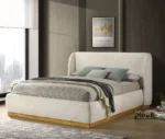 Goldoma queen boucle bed frame with white boucle upholstery and wingback headboard in a modern bedroom