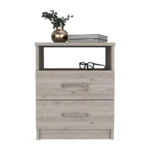 Light gray nightstand with two drawers and open shelf, minimalist bedroom storage furniture by Olienza at Goldoma
