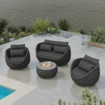 Modern outdoor sofa set with cushions on a garden patio