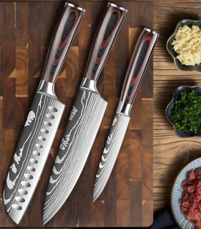 IOKO 3 PCS Japanese Style Kitchen Knife Set Pakka Wood Handle Slicing Sushi Steak Santoku Chef Utility Paring Kitchen Knife