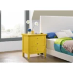 Yellow nightstand 3 drawer bedside table with modern design and lacquer finish for bedroom storage