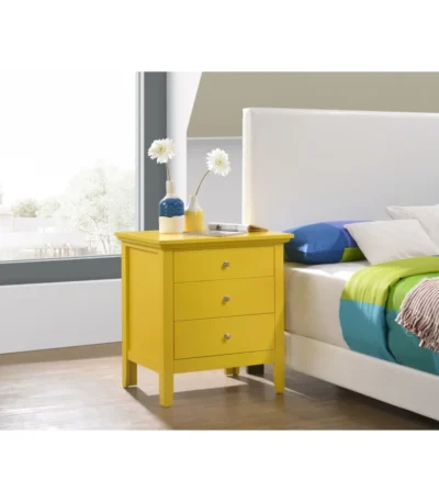 Yellow nightstand 3 drawer bedside table with modern design and lacquer finish for bedroom storage