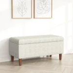 Goldoma modern accent storage bench with cream chevron woven fabric and hidden storage compartment in entryway