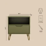 Olive green nightstand with drawer and open shelf featuring modern metal legs in a bedroom setting