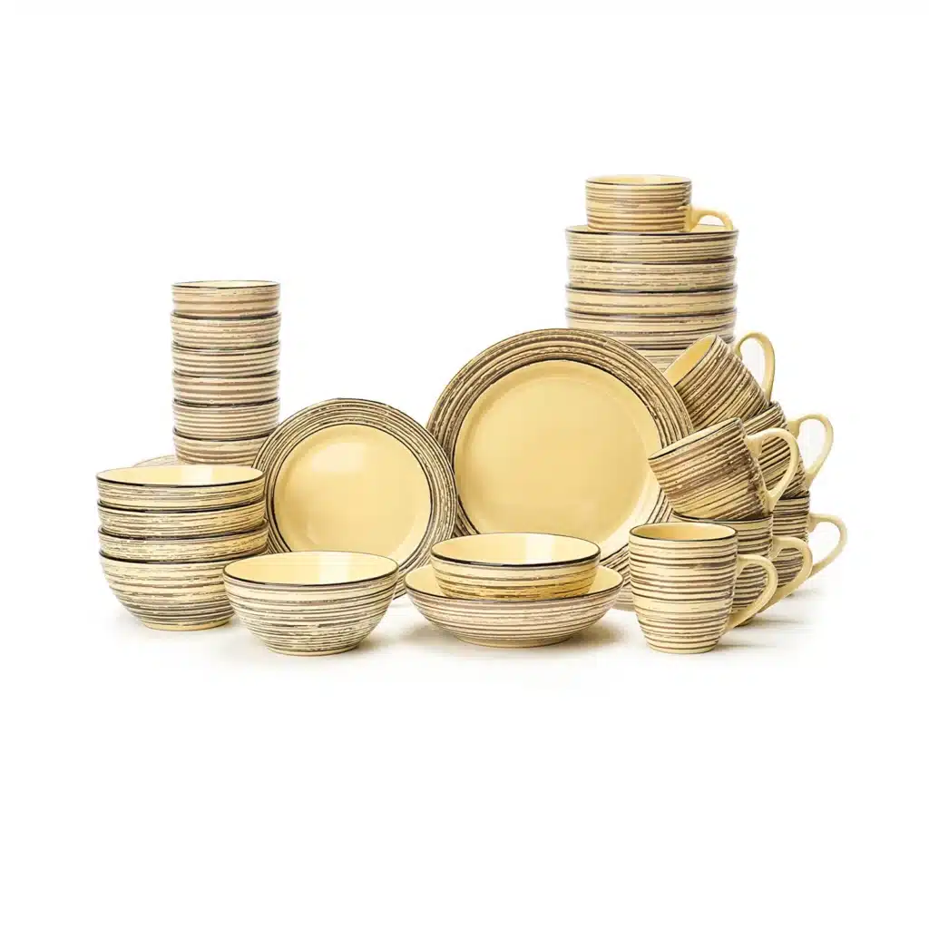 48pc Bark Style Stone Tool Dinner Retro Ceramic Plate and Bowl Set with Unique Design Edge Stone to Tableware Set for