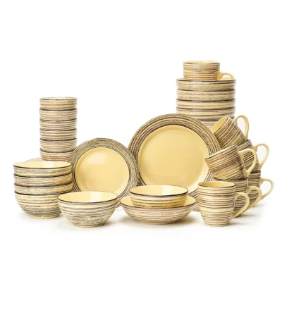48pc Bark Style Stone Tool Dinner Retro Ceramic Plate and Bowl Set with Unique Design Edge Stone to Tableware Set for