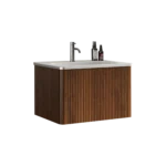 Close-up of the melamine floating cabinet with striped drawer fronts and a white sink basin.