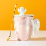 Creative Pearlescent Colored Ceramic Mug with Angel Wings, Coffee Cup with Lids, Cute Flower Tea Tazas Afternoon