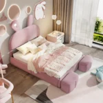 Goldoma full size velvet platform bed with rabbit ear headboard and storage in a modern bedroom setting