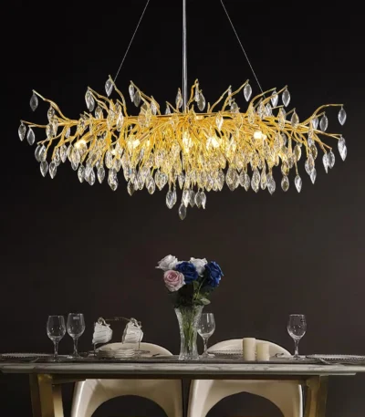 Modern crystal chandelier dining room oval tree branch pendant hanging above a dining table