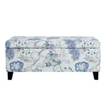 Goldoma floral storage ottoman with soft close hinges in blue floral pattern on neutral fabric