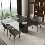 Modern marble texture dining table with sintered stone top and black metal base – Goldoma rectangular dining table