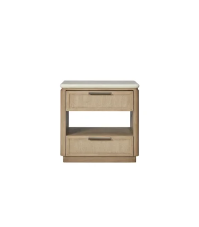 Two-drawer rattan nightstand with natural wood finish and open shelf in bedroom