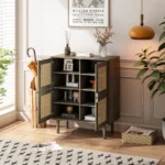 4-Doors Wabi-Sabi Style MDF Rattan Mesh Storage Cabinet Eight Storage Spaces Sideboard for Entryway Living Room Hallway (Grey) - Image 5