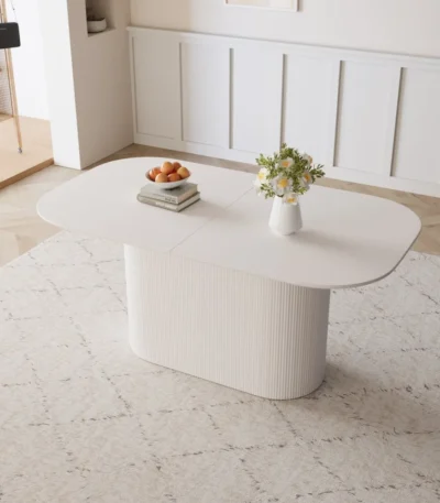 Goldoma MDF dining table in cream finish with vertical striped legs, modern eco-friendly table for 4-8 persons