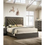 Goldoma Modern Contemporary Queen Size Bed with Gray V-Design Headboard – Rubberwood Bedframe – side view