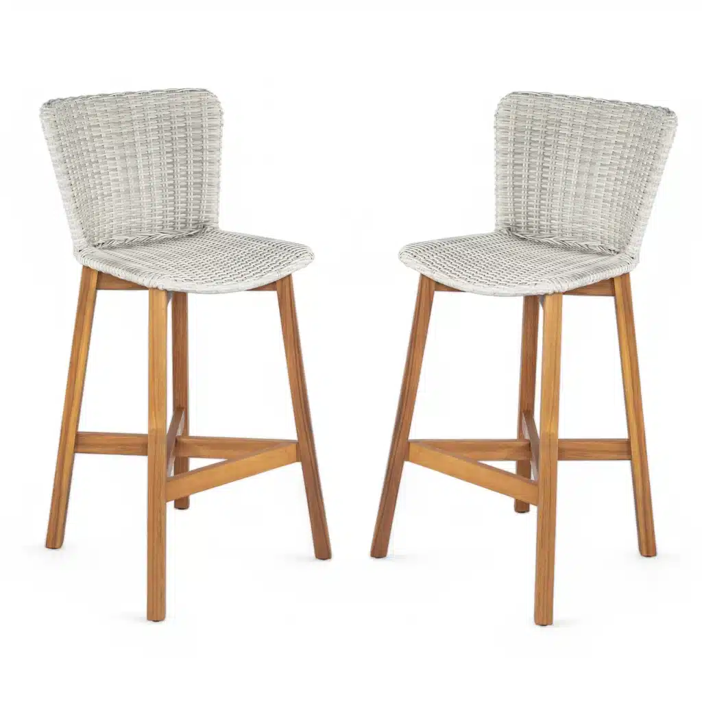 Set of two adjustable outdoor bar stools in teak wood and light grey wicker on a patio