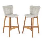 Adjustable Outdoor Bar Stool Teak Wood with Light Grey Wicker Set of 2 for Restaurant & Cafe Dining
