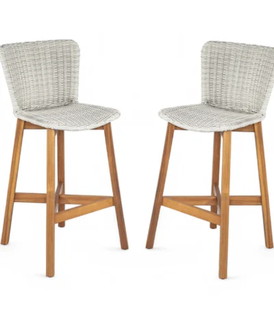 Set of two adjustable outdoor bar stools in teak wood and light grey wicker on a patio