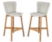 Set of two adjustable outdoor bar stools in teak wood and light grey wicker on a patio