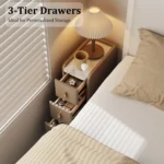 Beige leather narrow nightstand with drawers and stone top, perfect as a small bedside table