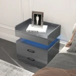 Modern nightstand with adjustable LED strip light and two drawers in glossy grey finish for bedroom storage and bedside organization