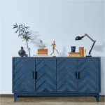 Retroy Vintage 60" Navy Blue Solid Wood Credenza Cabinet 4-Door M-Shaped Panel Buffet with Traditional Design for Dining - Image 5