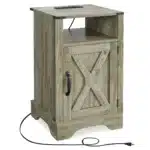 Farmhouse Nightstand with USB Charging Station - Rustic Wooden Bedside Table – styled in a modern Nightstands setting