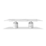 White marble 120-inch extendable dining table with double pedestal base in a modern dining room