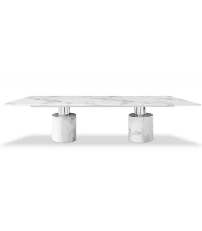 White marble 120-inch extendable dining table with double pedestal base in a modern dining room
