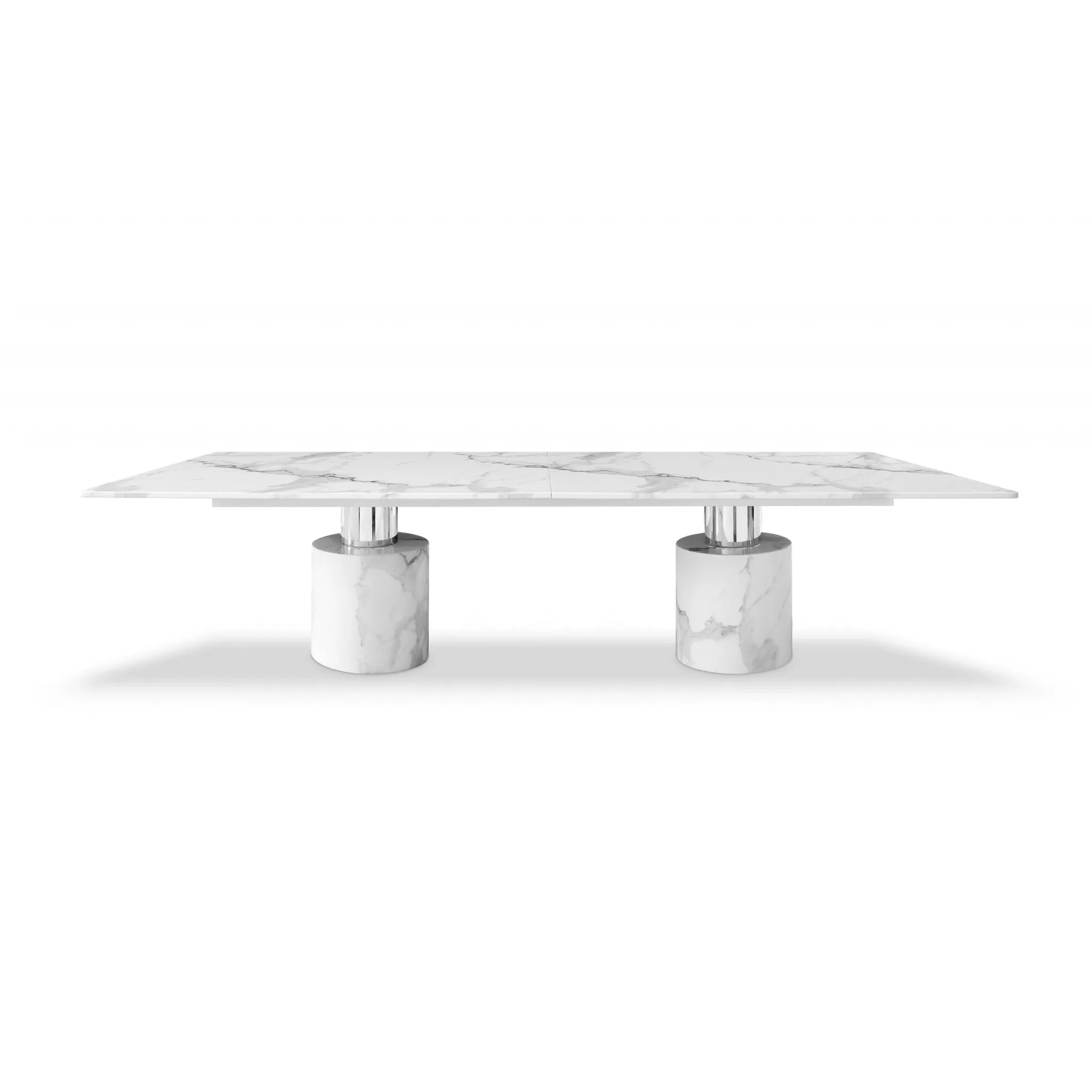 Hcf99e4f4abe644c3ad145962a0ab97825.webp White marble 120-inch extendable dining table with double pedestal base in a modern dining room