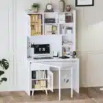 Modern Glass Computer Desk with 90 Degree Rotating Desktop Durable Office Desk with Storage Drawer Shelves and Cabinets