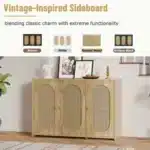 Vintage 3-Door Sideboard Faux Rattan Doors Metal Handles Large Storage Antique for Living Room Hallway Decorative Cabinets