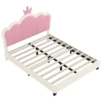 Goldoma Princess Bed with tufted crown headboard in cream and pink - twin platform bed