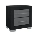 Elsa modern nightstand in black and grey with two drawers placed beside a bed in a contemporary bedroom