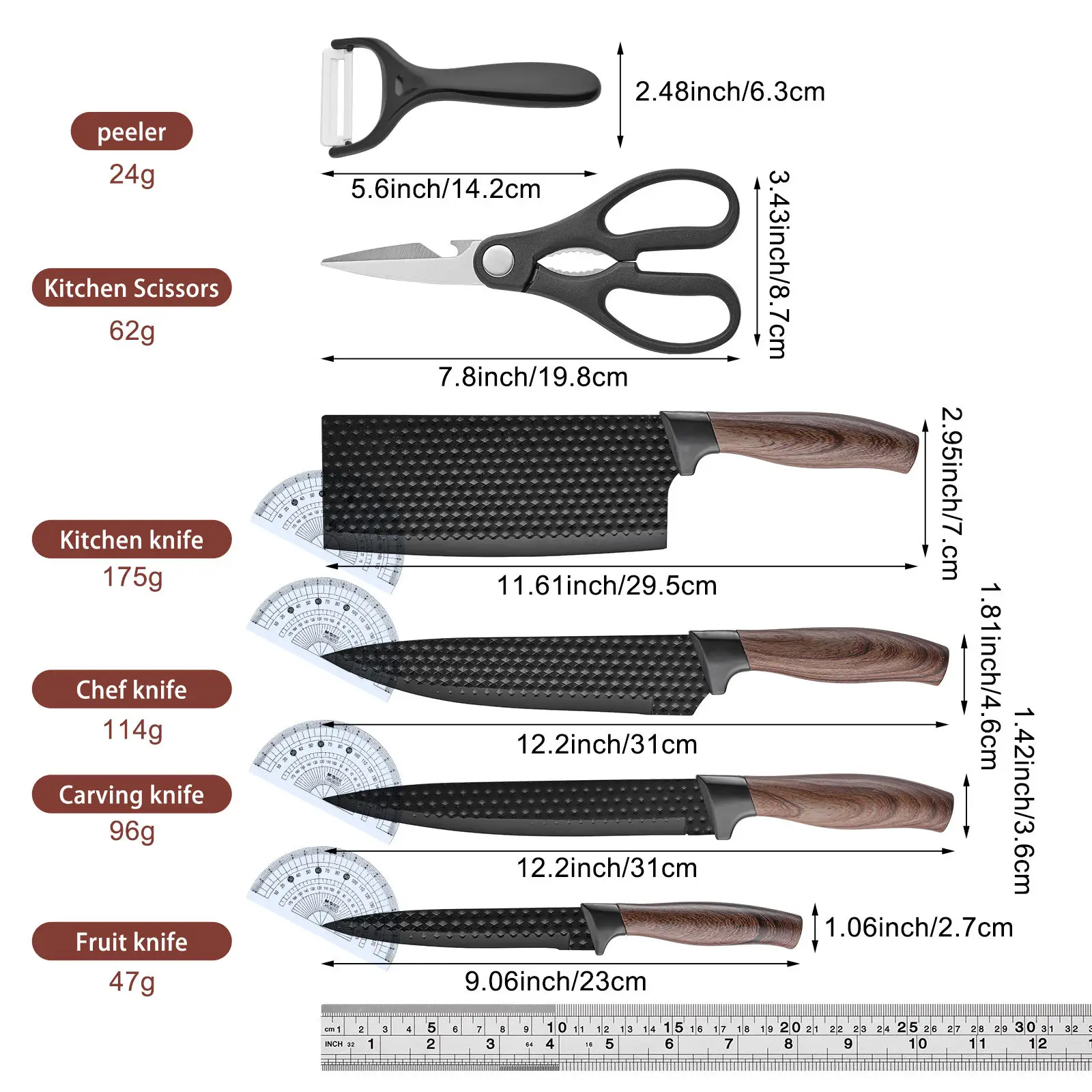 Professional Household Stainless Steel Kitchen Knife Set Six-Piece Chef Knife Set with Scissors Peeler