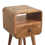 Solid oak mini nightstand with drawer and open shelf in brown finish, perfect for small bedrooms