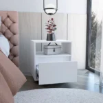 White nightstand with drawer and casters - Austin modern side table for bedroom or living room