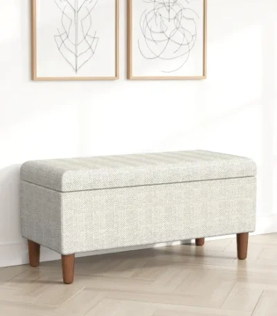 Goldoma modern accent storage bench with cream chevron woven fabric and hidden storage compartment in entryway