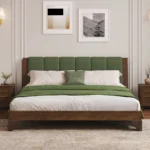 Goldoma eco-friendly king bed frame with green tufted headboard in a bedroom setting