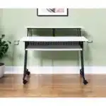 HMS 47" Modern White Black Computer Desk Adjustable Wooden Metal Table Glass Top Simple Space-Saving Assembled for Hotels